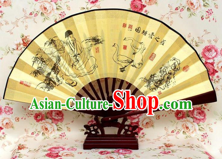 Traditional Chinese Crafts Peking Opera Folding Fan China Sensu Handmade Chinese Ink Painting Goose Silk Fan for Men
