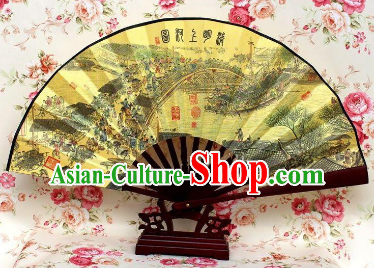 Traditional Chinese Crafts Peking Opera Folding Fan China Sensu Handmade Chinese Ink Painting Riverside Scene at Qingming Festival Silk Fan for Men