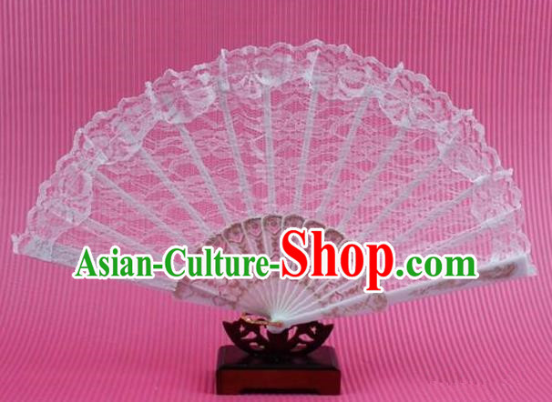 Traditional Chinese Crafts Peking Opera Folding Fan China Sensu Handmade Chinese Dance White Lace Fan for Women