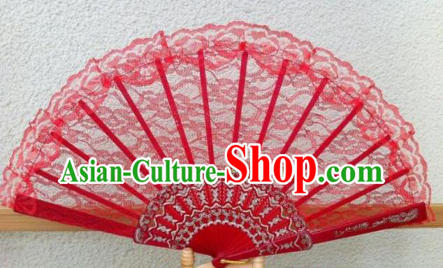 Traditional Chinese Crafts Peking Opera Folding Fan China Sensu Handmade Chinese Dance Red Lace Fan for Women