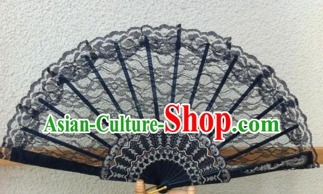 Traditional Chinese Crafts Peking Opera Folding Fan China Sensu Handmade Chinese Dance Black Lace Fan for Women