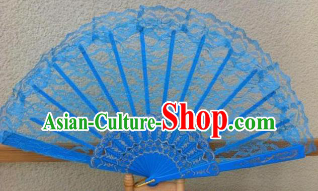 Traditional Chinese Crafts Peking Opera Folding Fan China Sensu Handmade Chinese Dance Blue Lace Fan for Women