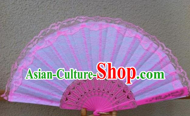 Traditional Chinese Crafts Peking Opera Folding Fan China Sensu Handmade Chinese Dance Double Pink Lace Fan for Women
