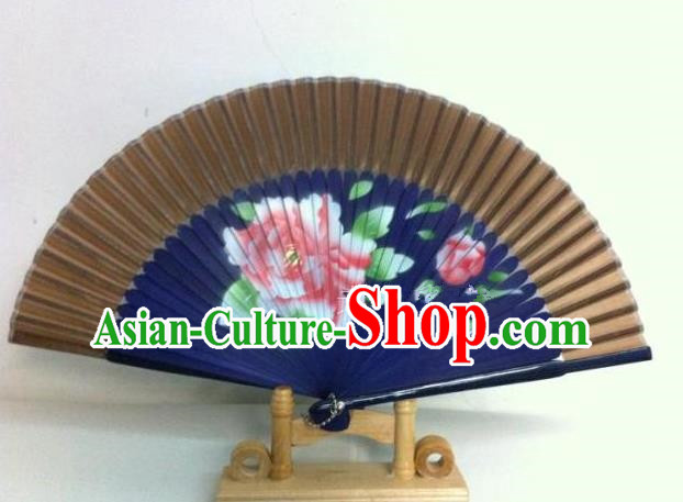 Traditional Chinese Crafts Peking Opera Folding Fan China Sensu Handmade Chinese Painting Peony Navy Fan for Women