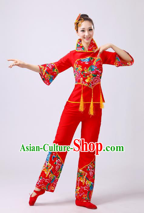 Traditional Chinese Classical Dance Yangge Fan Dance Costume, Folk Dance Drum Dance Clothing Yangko Red Uniform for Women