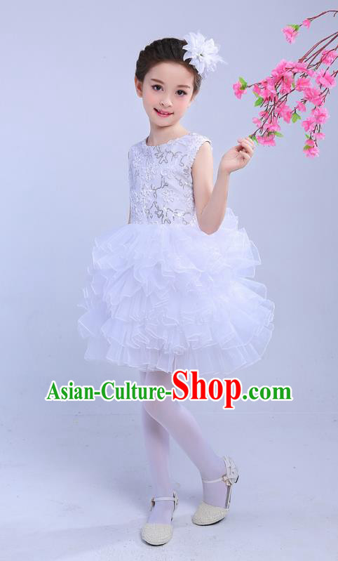 Top Grade Chinese Compere Professional Performance Catwalks Costume, Children Princess Bubble White Full Dress Modern Dance Dress for Girls Kids