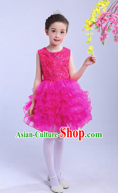 Top Grade Chinese Compere Professional Performance Catwalks Costume, Children Princess Bubble Rosy Full Dress Modern Dance Dress for Girls Kids
