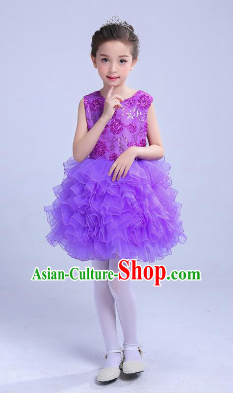 Top Grade Chinese Compere Professional Performance Catwalks Costume, Children Princess Bubble Purple Full Dress Modern Dance Dress for Girls Kids