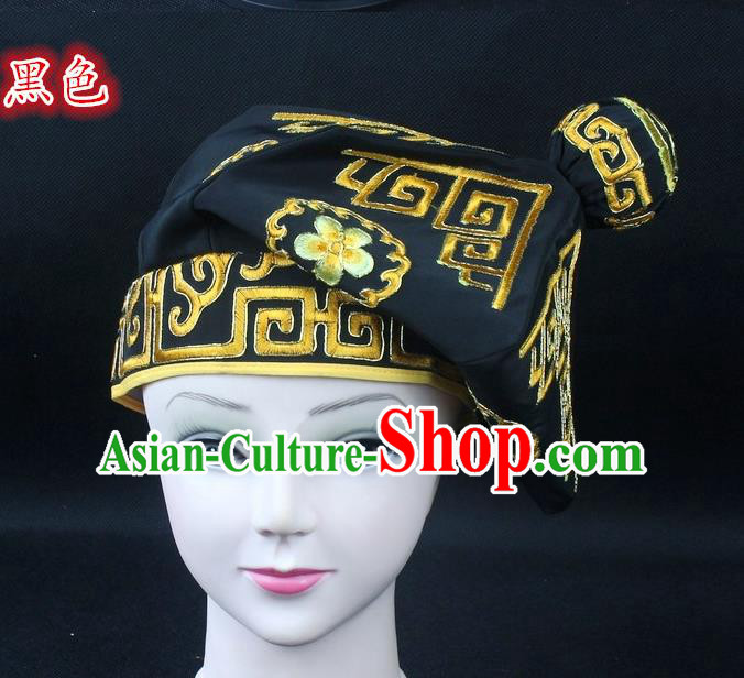 Traditional China Beijing Opera Takefu Hat, Ancient Chinese Peking Opera Martial Arts Men Headwear Embroidery Black Kerchief