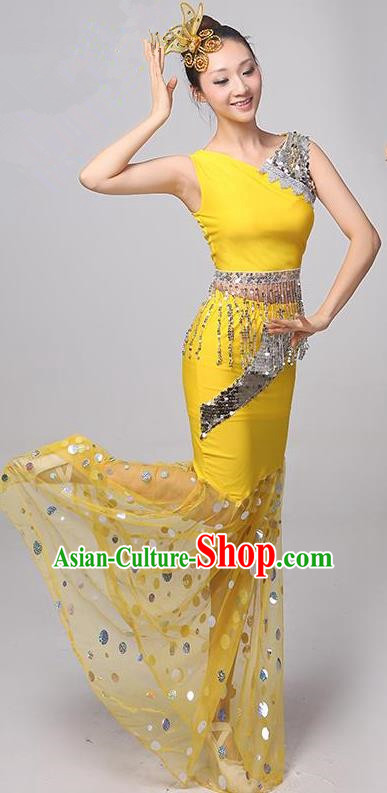 Traditional Chinese Dai Nationality Peacock Dance Costume, Folk Dance Ethnic Costume, Chinese Minority Nationality Dance Yellow Dress for Women