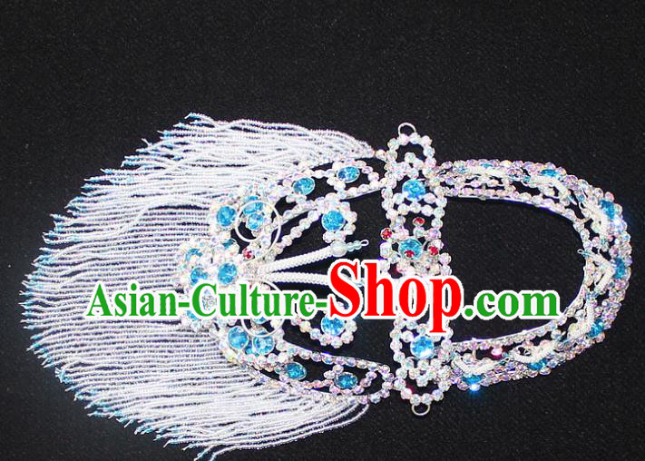 Traditional China Beijing Opera Young Lady Hair Accessories Head-ornaments, Ancient Chinese Peking Opera Hua Tan Headwear Diva Blue Crystal Headpiece