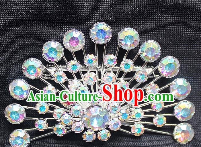 Traditional China Beijing Opera Young Lady Jewelry Accessories Collar Brooch, Ancient Chinese Peking Opera Hua Tan Diva Colorful Crystal Fanshaped Breastpin