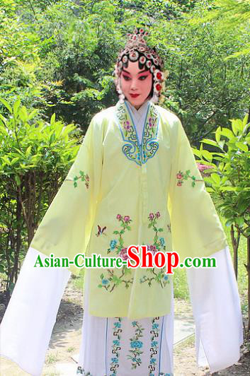 Traditional China Beijing Opera Young Lady Hua Tan Costume Embroidered Yellow Cape, Ancient Chinese Peking Opera Female Diva Embroidery Dress Clothing