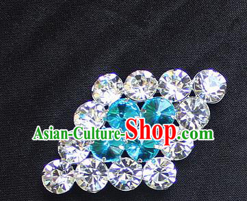 Traditional China Beijing Opera Young Lady Jewelry Accessories Collar Brooch, Ancient Chinese Peking Opera Hua Tan Diva Blue Crystal Rhombus Breastpin