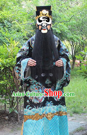 Traditional China Beijing Opera Costume Prime Minister Bao Zheng Embroidered Robe and Headwear Complete Set, Ancient Chinese Peking Opera Embroidery Dragon Gwanbok Clothing