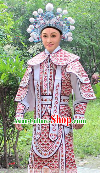 Traditional China Beijing Opera Costume Yang Warrior Robe and Headwear Complete Set, Ancient Chinese Peking Opera Soldier Pink Gwanbok Clothing