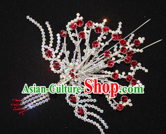 Traditional China Beijing Opera Young Lady Hair Accessories Phoenix Step Shake, Ancient Chinese Peking Opera Hua Tan Headwear Diva Red Crystal Empress Hairpins