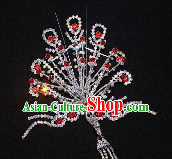 Traditional China Beijing Opera Young Lady Hair Accessories Phoenix Tassel Step Shake, Ancient Chinese Peking Opera Hua Tan Headwear Diva Red Crystal Empress Hairpins