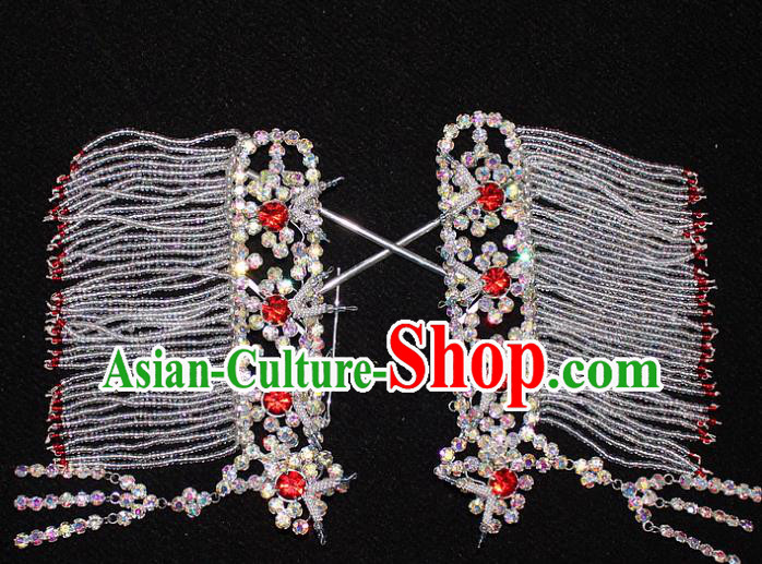 Traditional China Beijing Opera Young Lady Hair Accessories Temples Tassel Step Shake, Ancient Chinese Peking Opera Hua Tan Headwear Diva Red Crystal Empress Hairpins