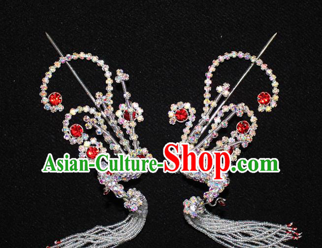 Traditional China Beijing Opera Young Lady Hair Accessories Tassel Step Shake, Ancient Chinese Peking Opera Hua Tan Headwear Diva Red Crystal Empress Phoenix Hairpins