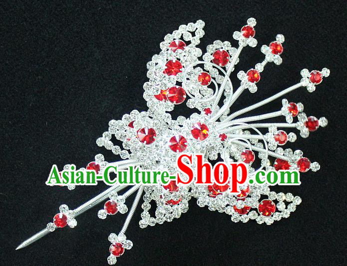 Traditional China Beijing Opera Young Lady Hair Accessories Tassel Step Shake, Ancient Chinese Peking Opera Hua Tan Headwear Diva Red Crystal Empress Butterfly Hairpins