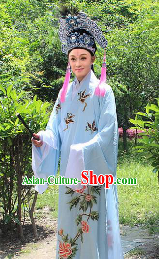 Traditional China Beijing Opera Young Men Costume and Hat, Ancient Chinese Peking Opera Niche Embroidery Blue Clothing