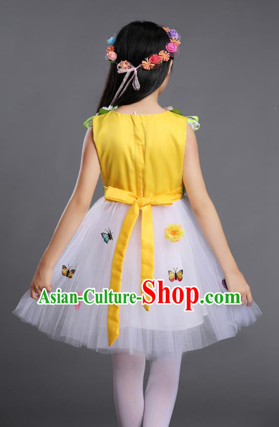 Top Grade Chinese Compere Professional Performance Catwalks Costume, Children Princess Bubble Veil Full Dress Modern Dance Yellow Dress for Girls Kids