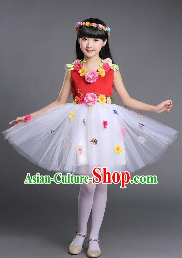 Top Grade Chinese Compere Professional Performance Catwalks Costume, Children Princess Bubble Veil Full Dress Modern Dance Red Dress for Girls Kids