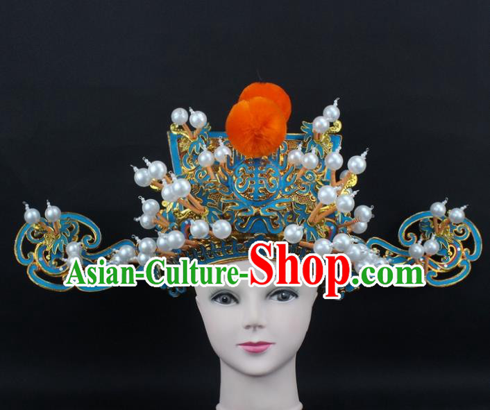 Traditional China Beijing Opera God of Wealth Hat, Ancient Chinese Peking Opera Men Headwear Prime Minister Hat