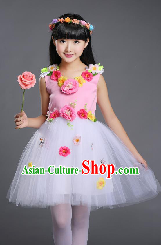 Top Grade Chinese Compere Professional Performance Catwalks Costume, Children Princess Bubble Veil Full Dress Modern Dance Pink Dress for Girls Kids