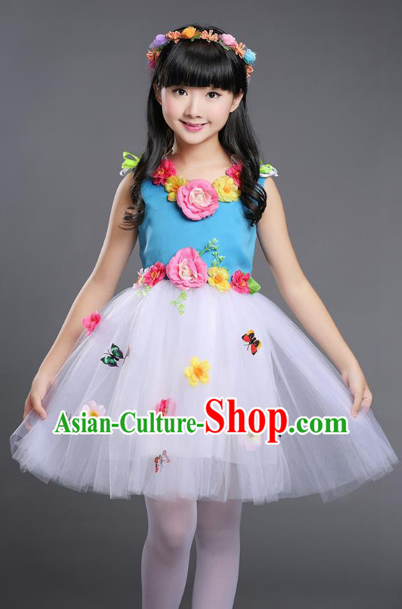 Top Grade Chinese Compere Professional Performance Catwalks Costume, Children Princess Bubble Veil Full Dress Modern Dance Blue Dress for Girls Kids