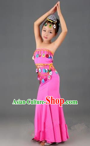 Traditional Chinese Dai Nationality Peacock Dance Costume, Folk Dance Ethnic Costume, Chinese Minority Nationality Dance Pink Dress for Kids
