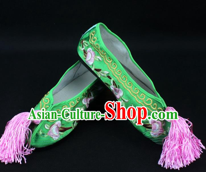 Traditional China Beijing Opera Hua Tan Embroidered Green Shoes, Ancient Chinese Peking Opera Young Lady Diva Princess Blood Stained Shoes