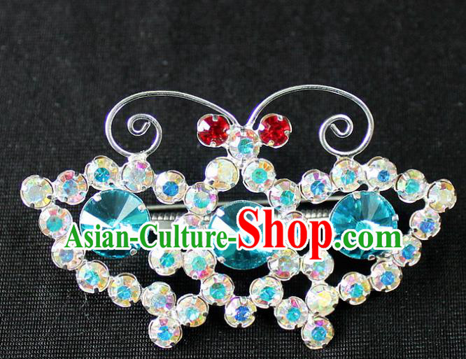 Traditional China Beijing Opera Young Lady Jewelry Accessories Butterfly Brooch, Ancient Chinese Peking Opera Hua Tan Diva Blue Crystal Breastpin