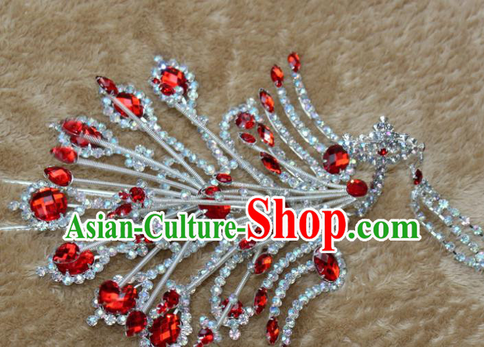 Traditional China Beijing Opera Young Lady Hair Accessories Red Crystal Phoenix Step Shake, Ancient Chinese Peking Opera Hua Tan Headwear Diva Hairpins