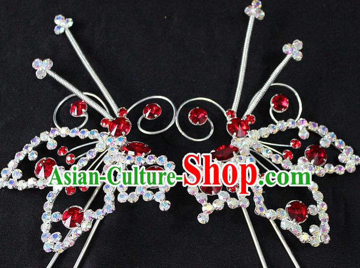 Traditional China Beijing Opera Young Lady Hair Accessories, Ancient Chinese Peking Opera Hua Tan Diva Red Crystal Butterfly Hairpins