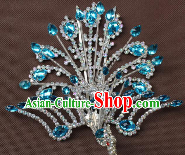 Traditional China Beijing Opera Young Lady Hair Accessories Blue Crystal Phoenix Step Shake, Ancient Chinese Peking Opera Hua Tan Headwear Diva Hairpins