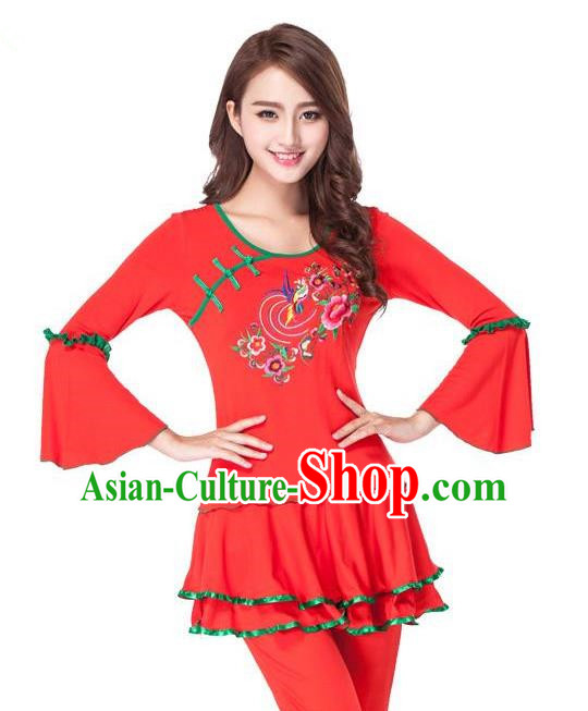 Traditional Chinese Classical Dance Yangge Fan Dance Red Embroidery Costume, Folk Dance Drum Dance Clothing Yangko Uniform for Women