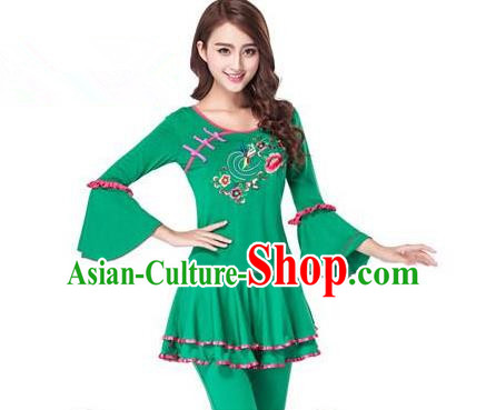 Traditional Chinese Classical Dance Yangge Fan Dance Green Embroidery Costume, Folk Dance Drum Dance Clothing Yangko Uniform for Women