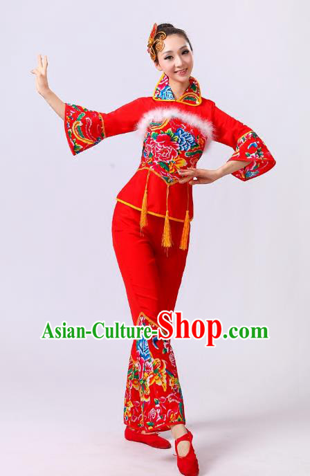 Traditional Chinese Classical Dance Yangge Fan Dance Wool Costume, Folk Dance Drum Dance Clothing Yangko Red Uniform for Women