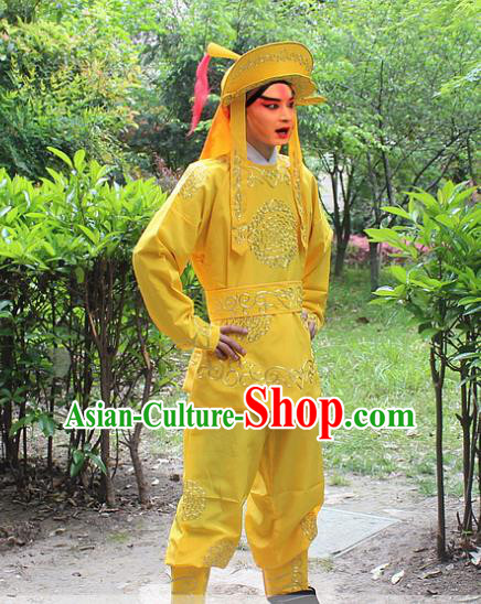 Traditional China Beijing Opera Costume Swordsman Takefu Embroidered Yellow Uniform and Headwear, Ancient Chinese Peking Opera Embroidery Warrior Clothing