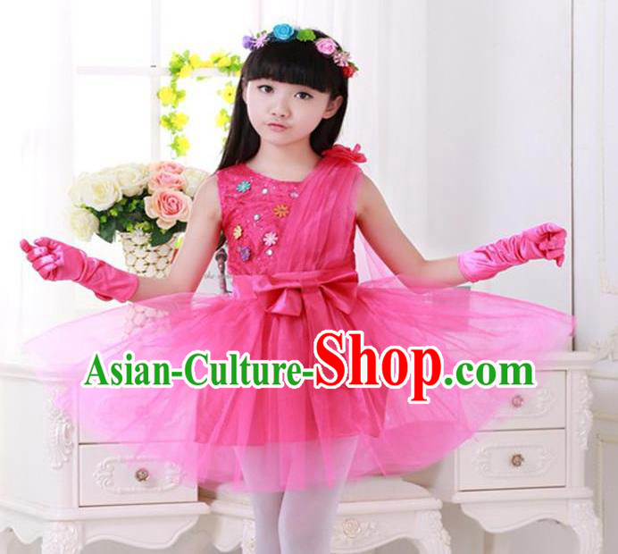 Top Grade Chinese Compere Professional Performance Catwalks Costume, Children Princess Rosy Veil Bubble Dress Modern Dance Dress for Girls Kids