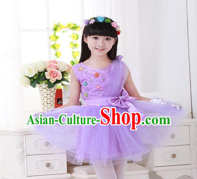 Top Grade Chinese Compere Professional Performance Catwalks Costume, Children Princess Purple Veil Bubble Dress Modern Dance Dress for Girls Kids