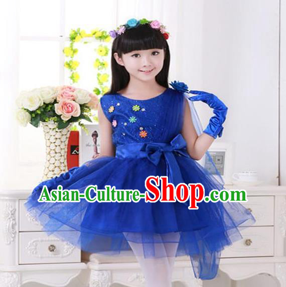 Top Grade Chinese Compere Professional Performance Catwalks Costume, Children Princess Deep Blue Veil Bubble Dress Modern Dance Dress for Girls Kids