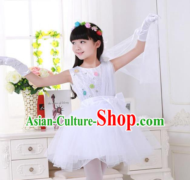 Top Grade Chinese Compere Professional Performance Catwalks Costume, Children Princess White Veil Bubble Dress Modern Dance Dress for Girls Kids