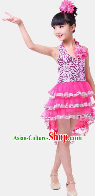 Top Grade Chinese Compere Professional Performance Catwalks Costume, Children Pink Bubble Dress Modern Dance Dress for Girls Kids