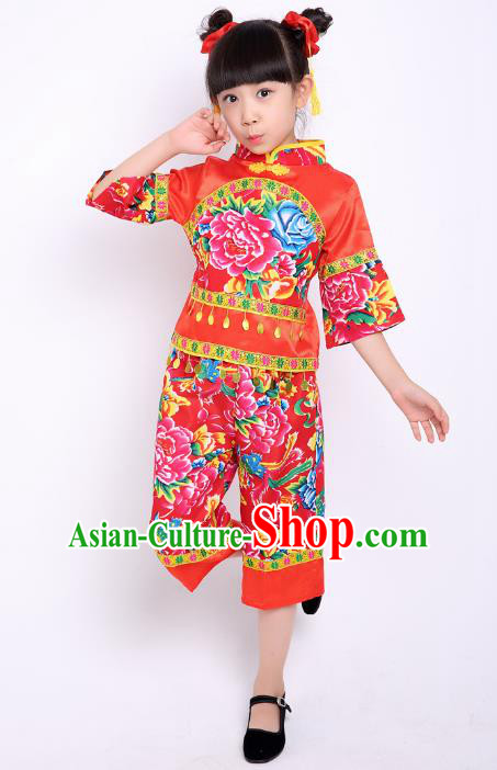 Traditional Chinese Classical Dance Yangge Fan Dance Printing Peony Red Costume, Folk Dance Waist Drum Dance Clothing Yangko Uniform for Kids