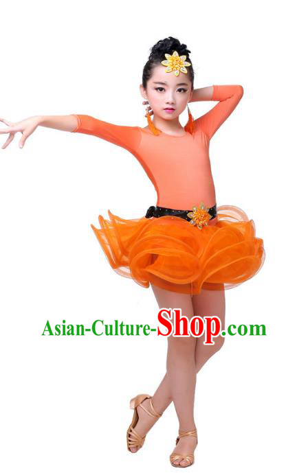 Top Grade Chinese Compere Professional Performance Catwalks Costume, Children Orange Bubble Dress Modern Latin Dance Dress for Girls Kids