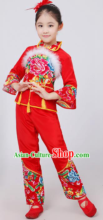 Traditional Chinese Classical Dance Yangge Fan Dance Printing Peony Red Costume, Folk Dance Waist Drum Dance Clothing Yangko Uniform for Kids