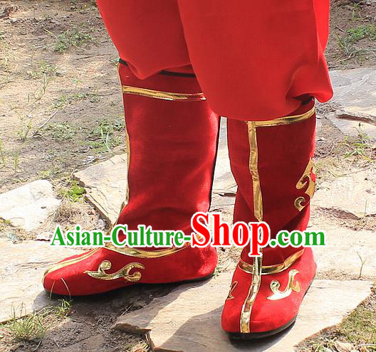 Traditional China Beijing Opera Warrior Embroidered Shoes, Ancient Chinese Peking Opera Soldier Takefu Red Boots